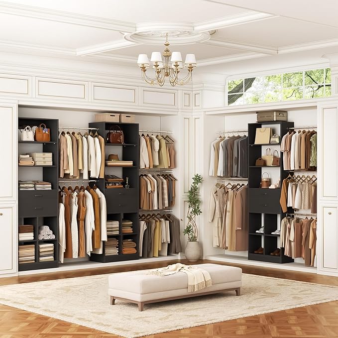 Besiost Closet System, 4-8 FT Closet Organizer Tower with 2 Wooden Drawers and Shelves, Can Fit 60 to 96 inch Walk-in Closet System with 5 Hang Rods, Built-in, Black