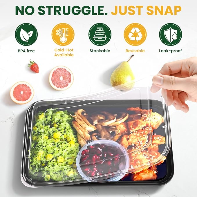 38oz Meal Prep Containers [50-Pack], Reusable Bento Box with Easy-Snap Leakproof Lids - Microwave, Dishwasher & Freezer Safe Food Storage, BPA-Free Plastic Lunch Containers (Black)