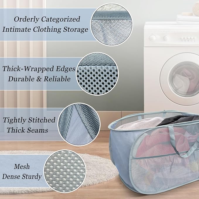 Pop Up Laundry Hamper 2 Pack with Handles & Side Pockets | 76L Foldable Collapsible Mesh Dirty Clothes Bin for Bedroom Dorm RV Camp, Lightweight Breathable, Grey