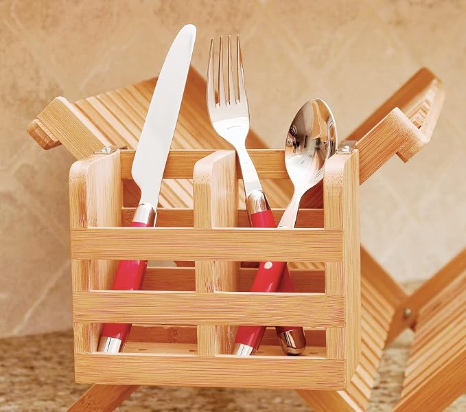 Lipper International 8823 Bamboo Wood 2-Compartment Flatware Holder with Metal Clips, 6-1/4" x 3-1/4" x 5"