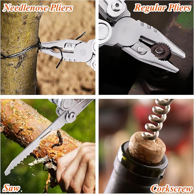 Multi Tool Pocket Knife Tactical Camping Survival Knife Gifts for Men Dad Husband 18 in 1 Multitool Pliers Scissors Saw Corkscrew Bottle Opener 9-pack Screwdrivers Safety Lock Nylon Sheath