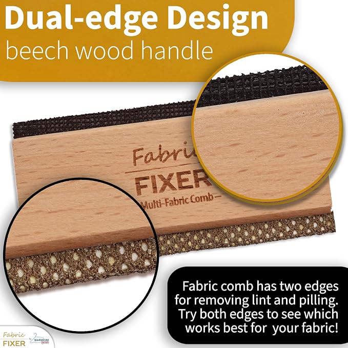 Multi-Fabric Sweater Comb with Natural Beech Wood Handle (Double Edge Design) Manual Fabric Defuzzer Wool Lint Shaver Comb Scraper for Clothing Pills, Furniture, Sheets and Fabrics