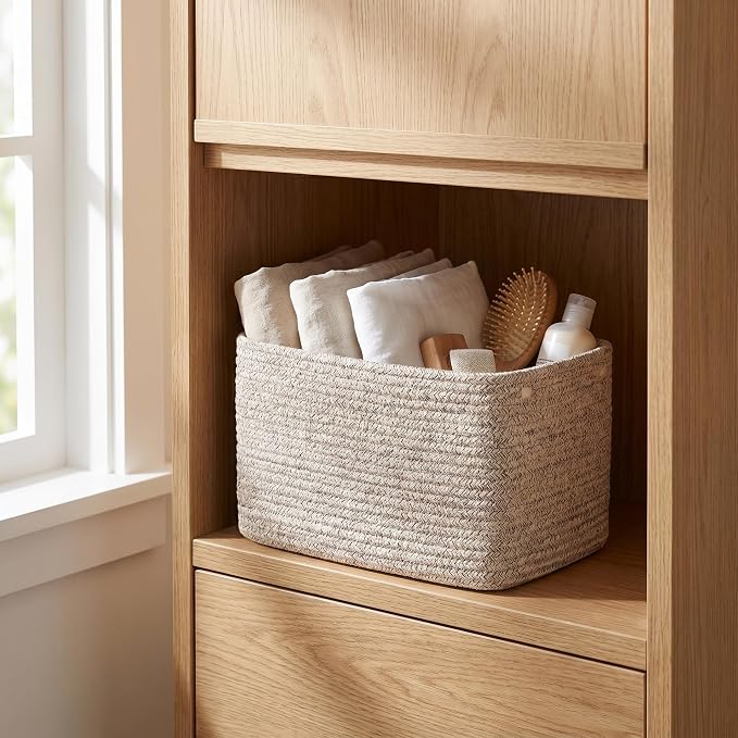 R RUNKA Small Cotton Rope Basket – Storage Bin for Organizing (10.6" x 6.7" x 6.7"), Bathroom Storage Basket for Shelf, Counter & Closet（Beige）
