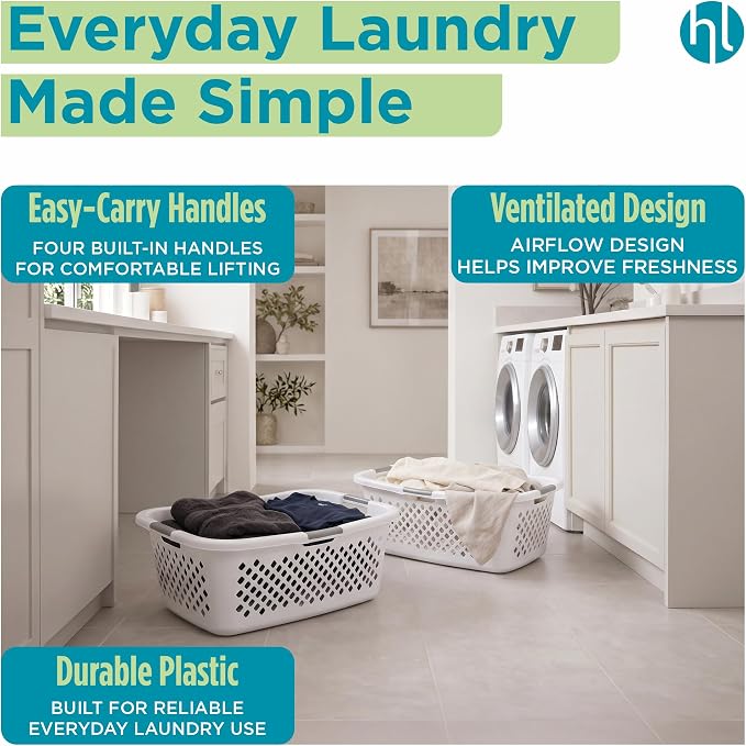 Home Logic 1.5 Bushel Plastic Laundry Basket Front Load, Large Laundry Hamper with Handles, Ventilated Clothes Organizer for Bedroom Bathroom Closet, 4 Pack, White