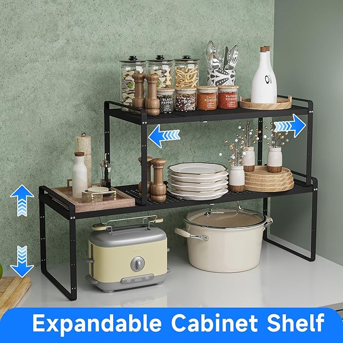 Expandable Cabinet Shelf Organizers, Kitchen Small Stand Rack Organization for Countertop Cupborad Pantry Desktop Spice Rack, Black 3 Pack