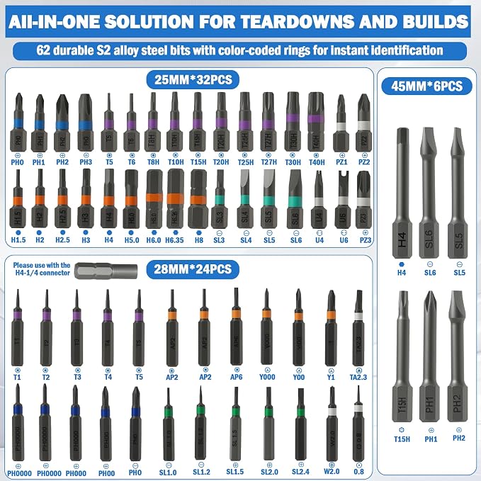 AirPlus 66-in-1 Magnetic Ratchet Screwdriver S2 Bits & T-Handle for Home | 2-Way Ratchet,Non-Slip Grip, Built-in Magnetizer, Portable Case, Color-Coded Bits, for Home/Electronics/DIY