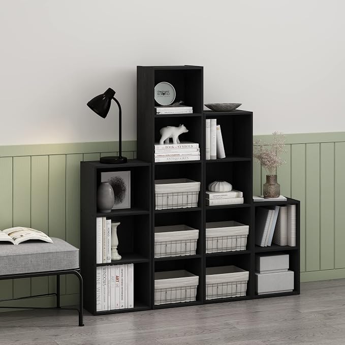 Furinno PASIR Book Shelf, 4-Tier Modern Bookshelf, Open Shelves Bookcase 9 x 12 x 42, Easy Assembly, for Living Room, Bedroom, Home Office, Blackwood