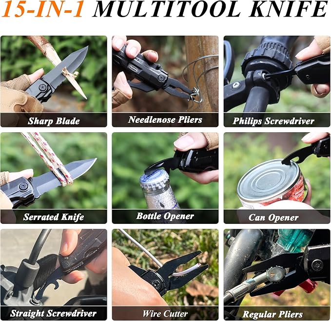 Pocket Knife, 15-in-1 Multitool with Pliers, Bottle & Can Opener, 9 Screwdriver Bits, Locking Mechanism & Nylon Sheath - EDC Multi Tool for Camping, Hiking & DIY, Gift for Men & Dad
