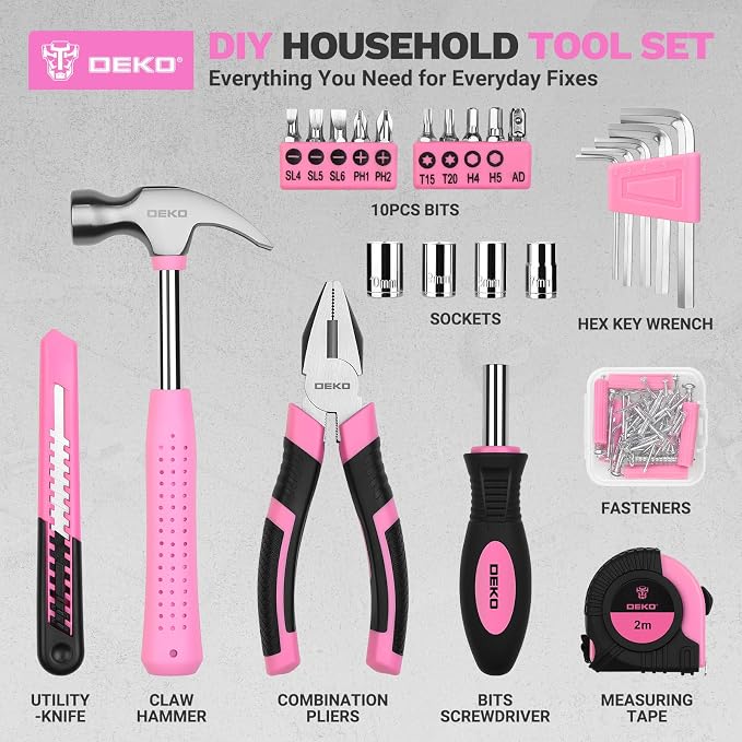 DEKOPRO 94 Piece Pink Tool Set, Household DIY Tool Kit for Women with Storage Toolbox, Small Basic Hand Tool Box Set for Home Repair, DIY, Apartment, Office