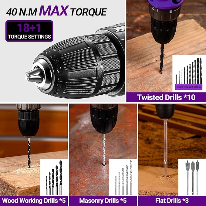 Drill Tool Kit Set: 20V Cordless Power Drill Tool Box with Battery Electric Drill Driver for Men Home Hand Repair Basic Toolbox Tools Sets Drills Case, Purple