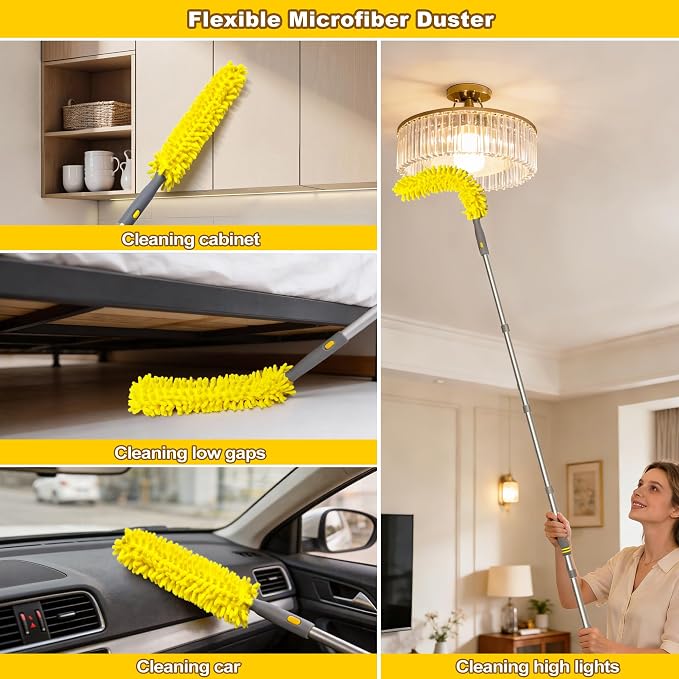 JEHONN 77” Ceiling Fan Cleaner Duster with Extra Bendable Chenille Dust Cleaning Tool, Detachable Washable Mop for Baseboard, Blinds, Walls, Floors & Car Interiors (Yellow)