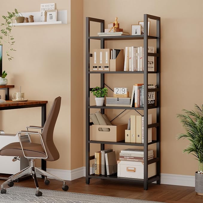 DUMOS 5-Tier Bookshelf, Modern Tall Bookcase Book Shelf | Open Storage Display Shelf for Living Room, Bedroom, Home Office, Narrow Standing Shelving Unit for Books, CDs, Décor Black