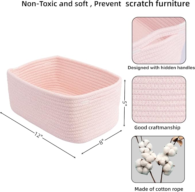 XUANGUO Small Woven Storage Baskets 12“X8”X5“ Decorative Rope Bins for Organizing Shelves, Closets, and Toys, Empty Gift Baskets, Cute Organizer Basket for Home and Office (pink, regular)