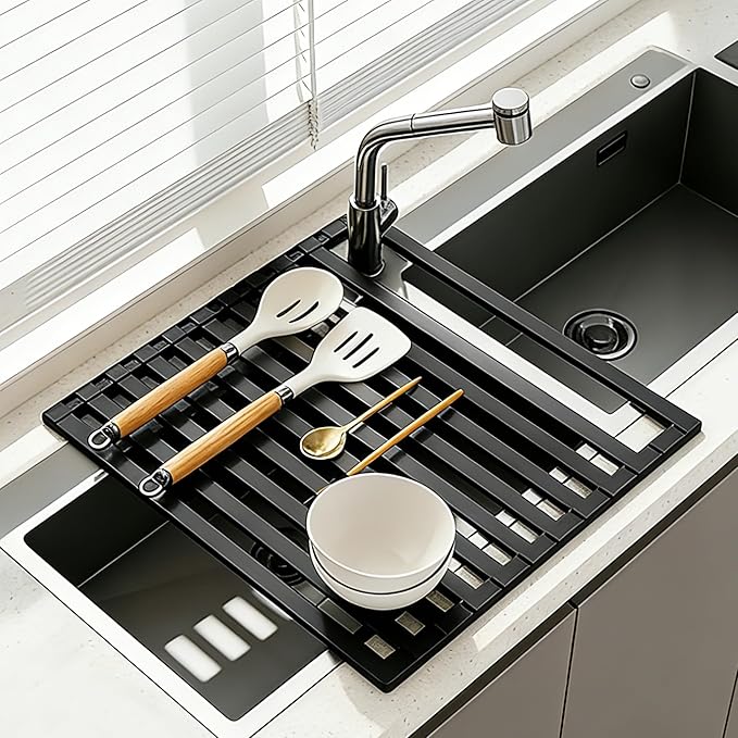 Foldable Over Sink Dish Drying Rack, Extra Wide & Thick Rust-Proof Aluminum Sink Cover for Counter Space, Collapsible Dish Drying Rack Fits Most Kitchen Sinks (Black, 23.6“x13.6)