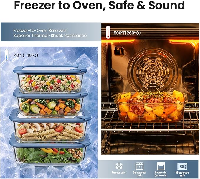 Taree Glass Food Storage Containers, 8 Pack, 21.6oz & 35.5oz, Blue Lids | Ocean Blue Lid Design • Glass & Silicone Lids • Airtight Leakproof Seal • Built-In Steam Vent • Microwave-Safe Lid