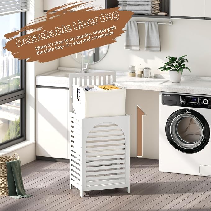Laundry Hamper with Lid (16.9 * 13 * 26.5inches) Large Bamboo Laundry Bin Basket 85L Clothes Hamper with 1 Removable Bag Storage baskets for Bathroom (White)