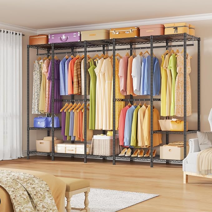 ULIFHOME Clothes Rack, Heavy Duty Garment Rack, Extra Large Portable Closet | H50 Clothing Racks for Hanging Clothes, Freestanding Wardrobe Closet 89.8'' W x 15.8" D x 76.2" H, Max Load 1400 Lbs, Black