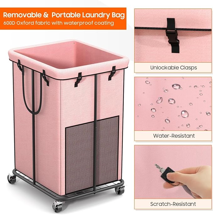 Laundry Hamper with Wheels, 150L Rolling Laundry Basket with Bag & Handles | Sturdy Metal Frame | Removable Bag | Large & Tall Dirty Clothes Hampers for Laundry Room, Bedroom, Dorm, Bathroom-Pink