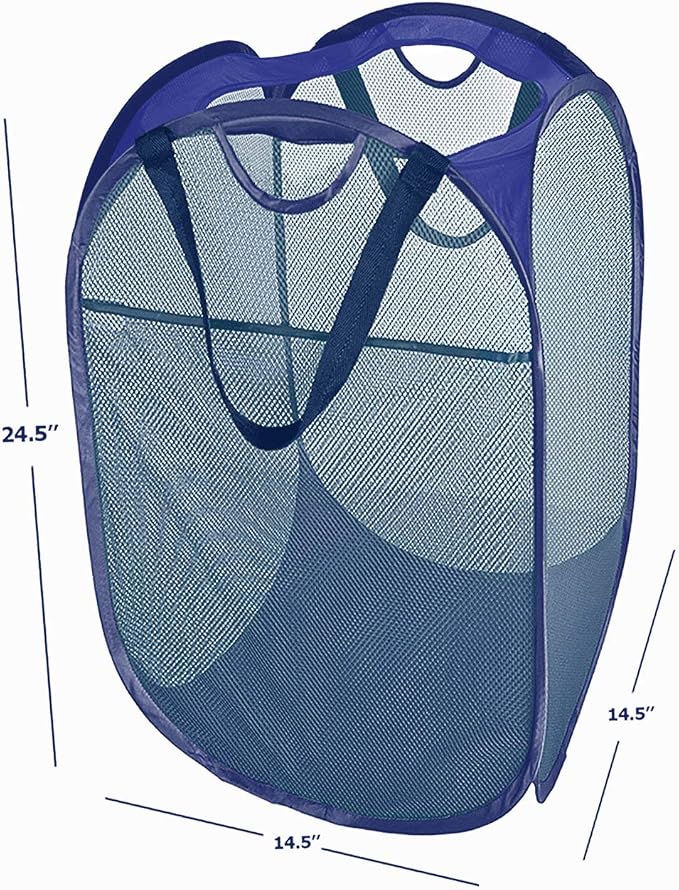 HOUSE AGAIN Strong Mesh Pop Up Laundry Hamper, 70L Collapsible Laundry Basket with Steel Frame, Double‑Stitched Handles & Side Pocket, Foldable Dirty Clothes Hamper for Dorm, Bedroom, Blue