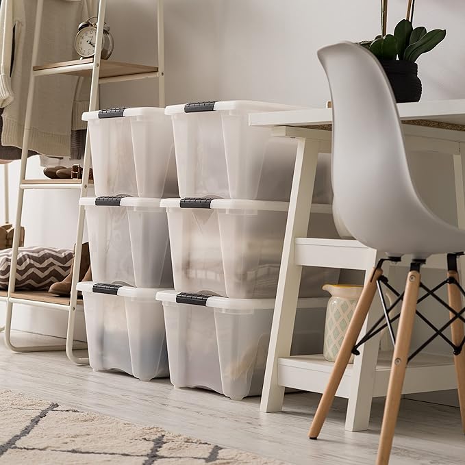 IRIS USA 32 Qt Stackable Plastic Storage Bins with Lids, 6 Pack - BPA-Free, Made in USA - Discreet Organizing Solution, Latches, Durable Nestable Containers, Secure Pull Handle - Pearl