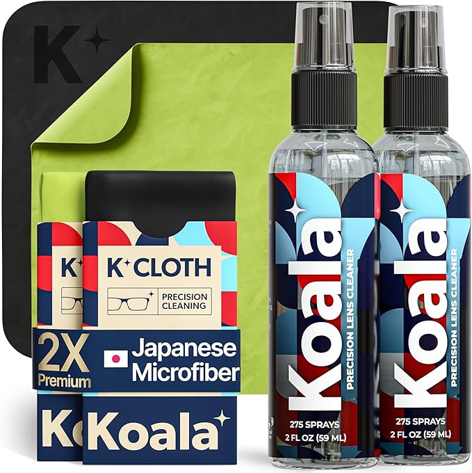 Koala Eyeglass Lens Cleaner Spray Kit | Japanese Microfiber (4 Piece Set) | (2x) Glasses Cleaner Bottle + (2x) Microfiber Cloth | Alcohol Free Eyeglasses, Screen, and Camera Cleaning Kit | Made in USA