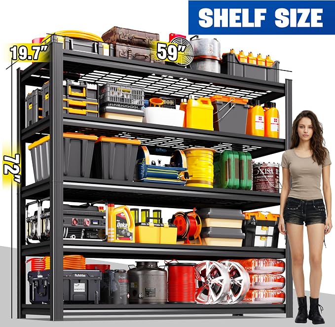 6 Pack Garage Shelving 5-Tier Heavy Duty Storage Shelves, Tool-Free Adjustable Metal Shelf Unit, Utility Organizer Rack for Basement, Pantry, Kitchen, Warehouse, 59" W x 19.7" D x 72" H Black
