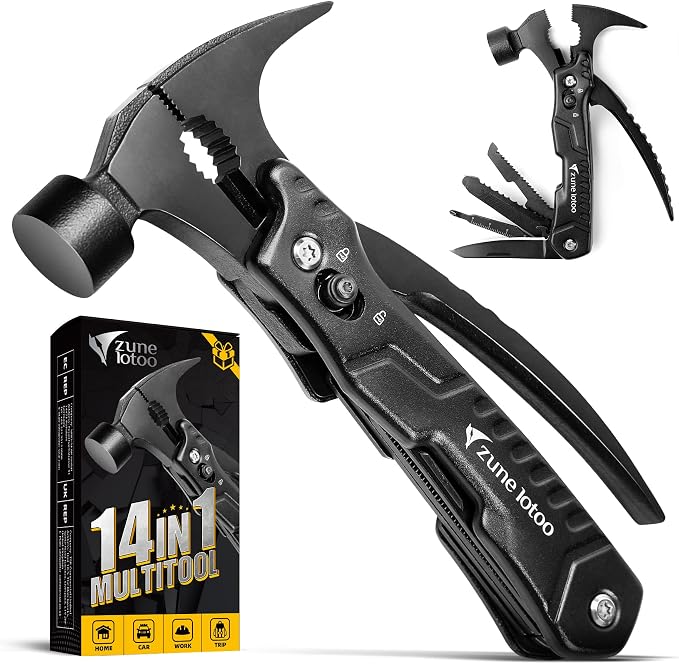 Zune Lotoo 14 in 1 Pocket Hmamer Multitool Gifts for Men | Small Multifunctional Utility Tool Stainless Steel Alloy Portable Compact Survival Hammer for Father, Dad, Handyman, Engineer