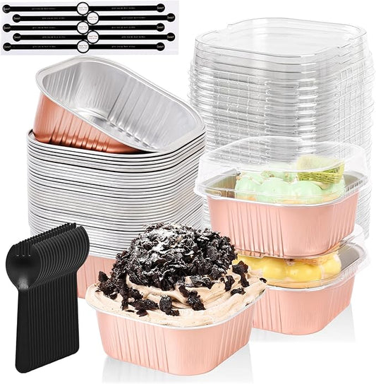 100 Pcs Mini Cake Pans with Lids, 5oz Square Aluminum Foil Brownie Baking Cups, Dessert Cupcake Cups with lids, Disposable Loaf Pans Cupcake for Wedding Birthday Party (Champagne)