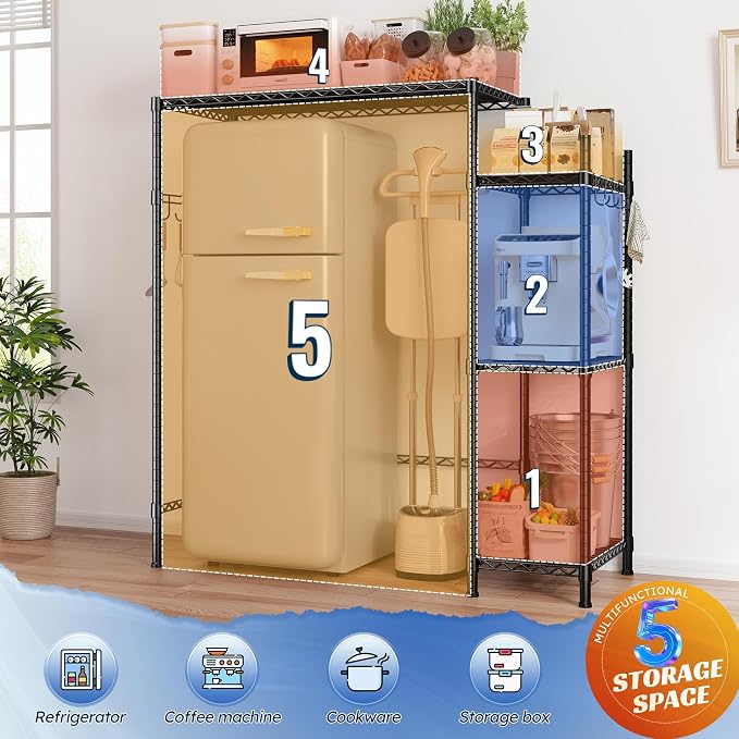 REIBII Mini Fridge Stand with Storage, 4-Tier Adjustable Shelves, 380 lbs | With 8 Hooks, Fits Mini Fridge & Kitchen Appliances, Heavy Duty Steel Frame, Easy Tool-Free Assembly, Dorm & Pantry
