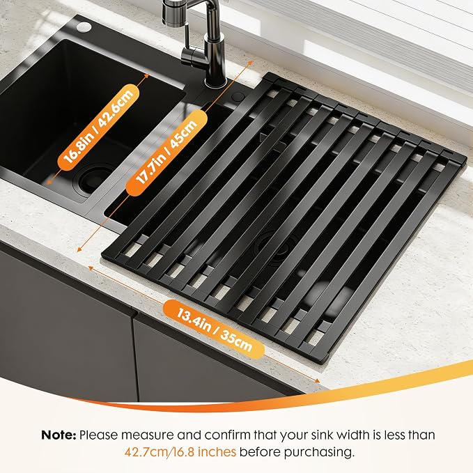 Foldable Over Sink Dish Drying Rack, Extra Wide & Thick Rust-Proof Aluminum Sink Cover for Counter Space, Collapsible Dish Drying Rack Fits Most Kitchen Sinks (Black, 17.7“x13.6)