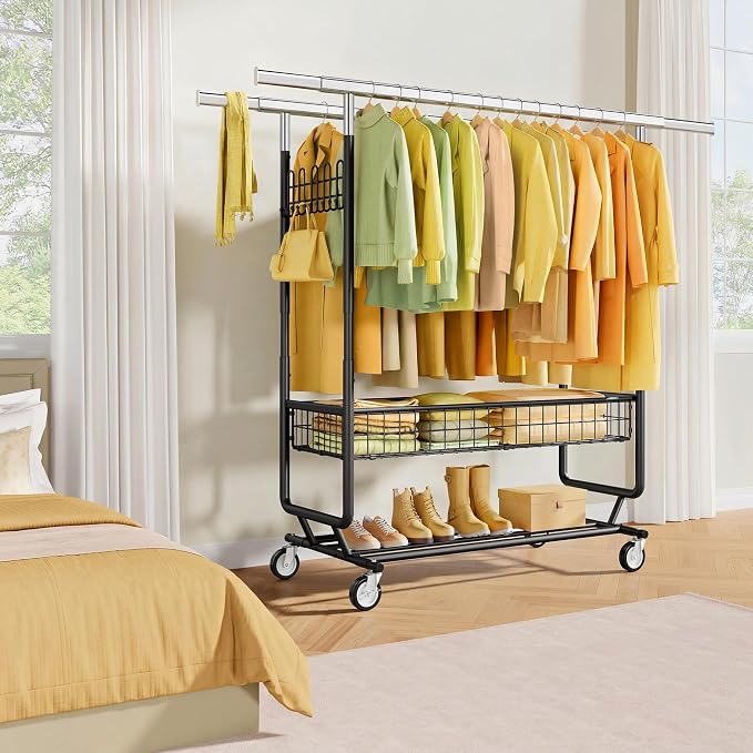 Gewudraw Clothes Rack Heavy Duty Load 1060 LBS With Wheels,Commercial,Black | Double Rod Rolling Clothing Rack,Extendable,Basket, Shelf, Hooks,Garment Rack for Bedroom, Laundry Room & Retail Store