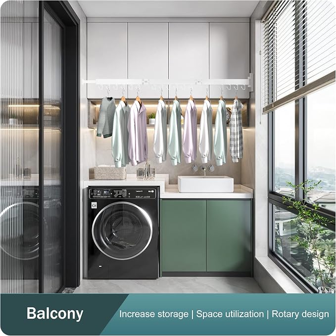 LIENAHU Wall Mounted Clothes Drying Rack, Collapsible, Folding, Retractable - Clothes Hanging Rack (Hooks, White)