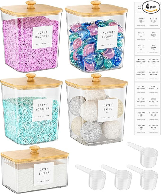 Moforoco 4+1 Pack Bamboo Laundry Pods Container, Acrylic Clear Laundry Room Organization Containers,Large Laundry Pods Holder for Scent Booster Detergent Powder Storage Containers Lids & Labels