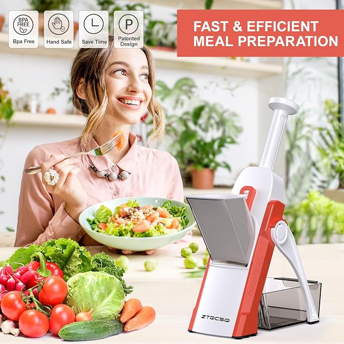 5 in 1 Adjustable Safe Mandoline Slicer for Kitchen with Paring Knife | Safe Mandoline Slicer for Kitchen, Easy to Clean/Storage, Potato Slicing, Strips, Shredding, Dicing, Chop, Cleaning brush