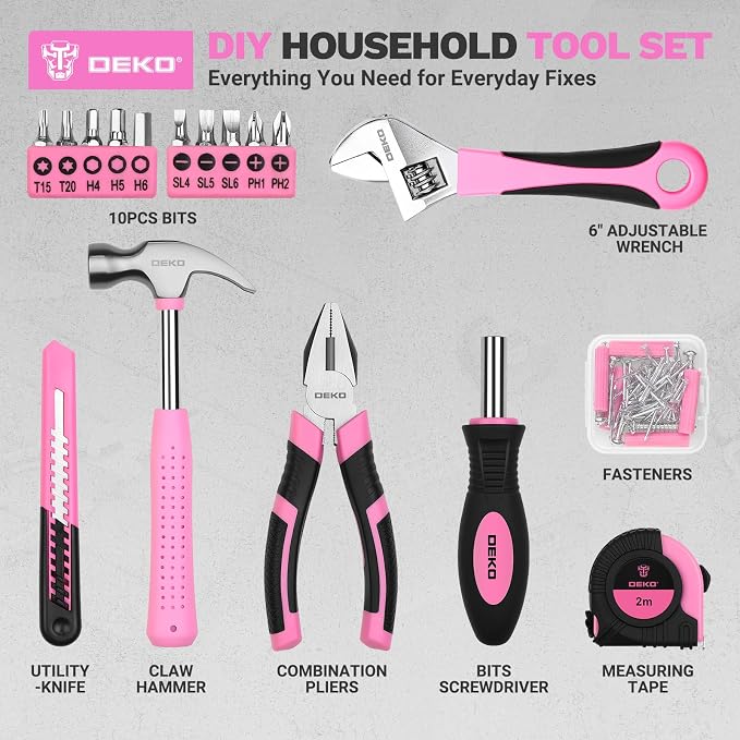 DEKOPRO 86PCS Pink Tool Set Household DIY Tool Kit for Women with Storage Toolbox, Small Compact Hand Tool Box Set for Home Use, DIY, Apartment, Office & Home Repair