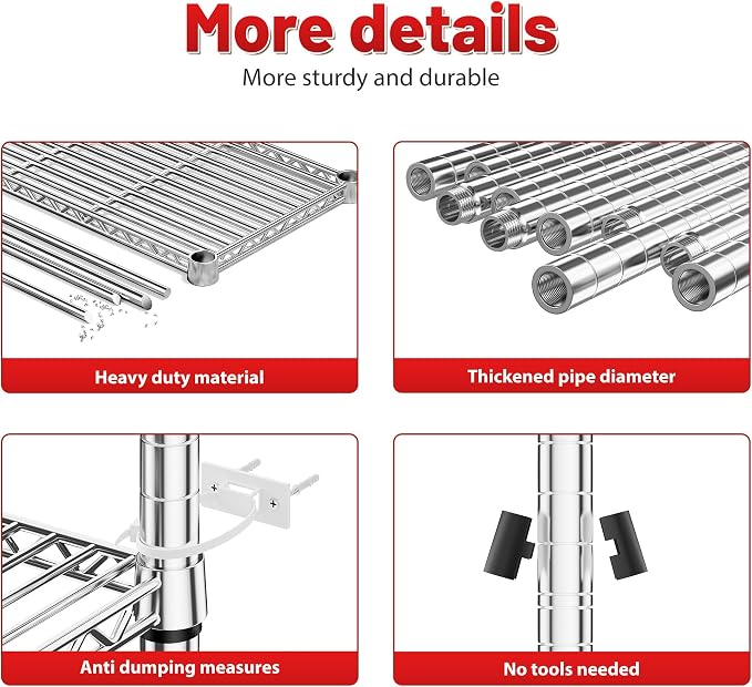 REIBII 73''H Storage Shelves 1660LBS Wire Shelving Unit with Wheels 5 Tier Metal Shelving,Heavy Duty Metal Shelves for Storage Rack,Commercial Industrial for Garage Kitchen 73''HX35''WX15''D,Chrome