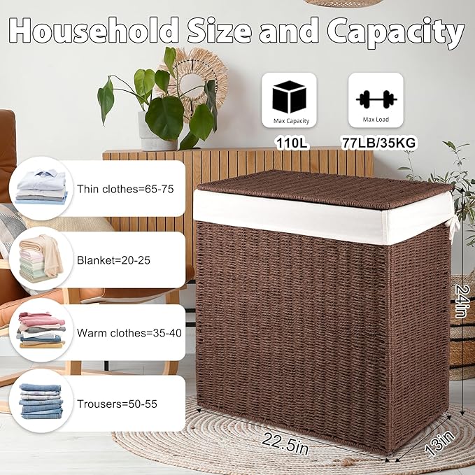 OIAHOMY Laundry Hamper with Lid, 110L(29.1 Gal) Large Wicker Laundry Basket for Bedroom, Handwoven Paper Rope Clothes Hamper with Washable Liner & Metal Frame, Decorative organizer for Bathroom Brown