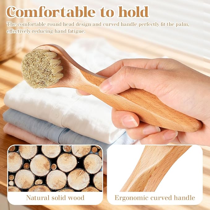 3 Pcs Wooden Laundry Stain Brush Stain Remover Dauber Brushes with Round Head Boar Bristle Small Stain Brush for Clothes for Scrubbing Stains from Furniture Fabric Leather(Style A)