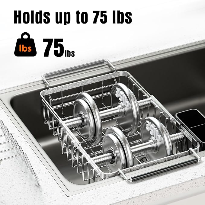 Expandable Dish Drying Rack in Sink,Stainless Steel Over The Sink Dish Drainer Drying Rack for Kitchen Counter,with Utensil Holder,Silver