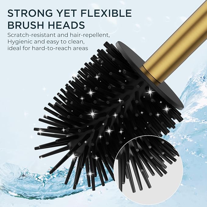FORIOUS Short Toilet Brush and Holder Set, Heavy Duty 304 Stainless Steel Base Square and Long Handle for Bathroom Deep Cleaning, Drip-Proof, Space Saving for Storage, 2 Toilet Bowl Brush Head, Gold