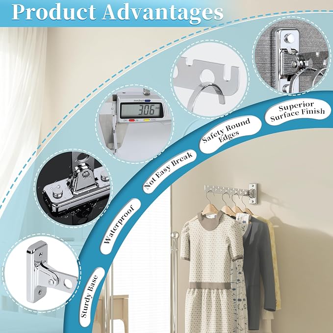 Alise Clothes Drying Rack Wall Mounted,Folding Coat Hanger,Polished Chrome | Hanger Rack Clothes Hook Closet Storage Organizer,Swivel Space Saving Clothes Hanger Rack for Bedroom Bathroom Laundry