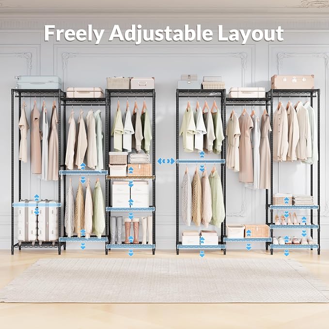Heavy Duty Clothes Rack, Metal Garment Rack 64.8" W x 15.8" D x 76" H with Hooks, Freestanding Clothing Racks for Hanging Clothes, Portable Closet Organizer 900LBS Max Load, Easy Assembly-Black