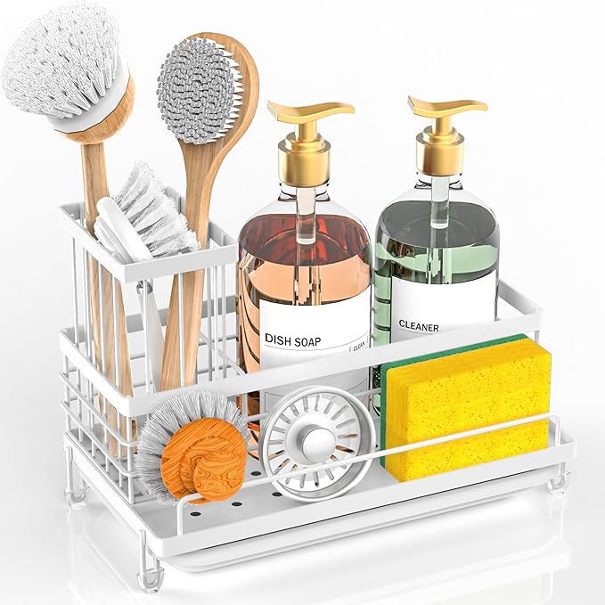 Cisily Sponge Holder for Kitchen, Sink Caddy Organizer, Kitchen Sink Accessories with Drip Tray, Rustproof and Non-slip Kitchen Sink Sponge Holder (White stand with brush holder)