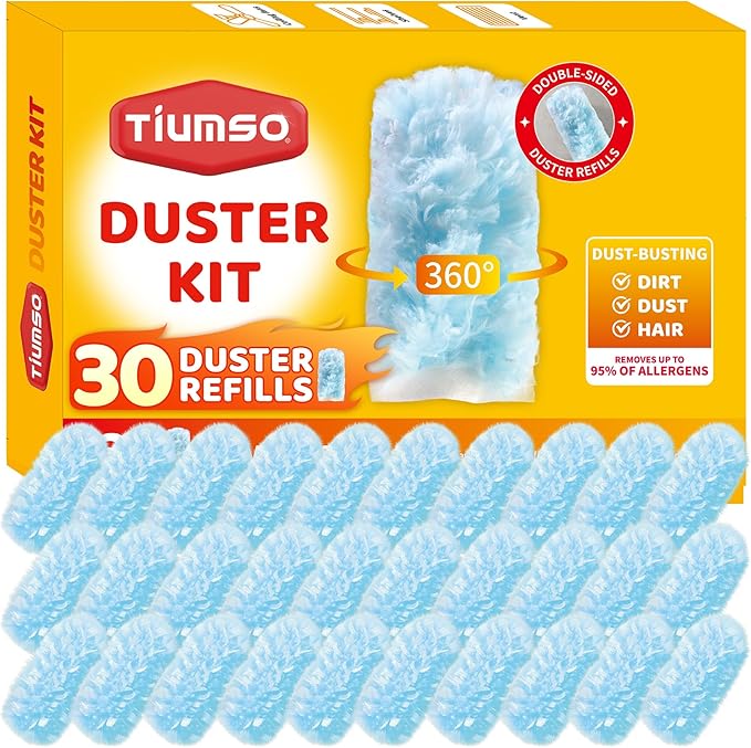 Tiumso 30 Count Duster Refills Dusters for Cleaning Compatible with Swiffer | 360° Heavy Duty Microfiber, 5X Electrostatic Dust Capture, Ideal for Furniture, Corners & Ceiling Fans, Refills Only