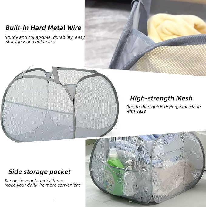 Collapsible Laundry Basket 90L, Mesh Pop-up Hamper, Gray 2PCS | Foldable Laundry Basket, Side Storage Pocket, Handles, Dirty Clothes Hamper for Bedroom, Bathroom, Dorm, Travel, Camping