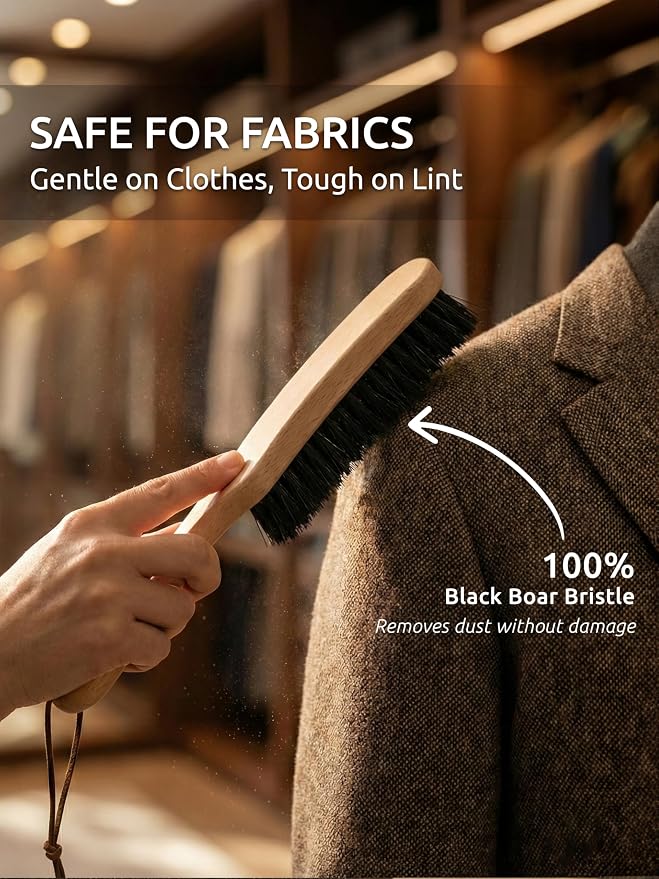 TAKAVU Black Boar Clothes Brush for Suits, Large Beech Wood Handle | Lint Brush for Coats, Cashmere, Wool, Velvet & Suede Upholstery, Hats & Jackets, Natural Stiff Bristle Garment Care