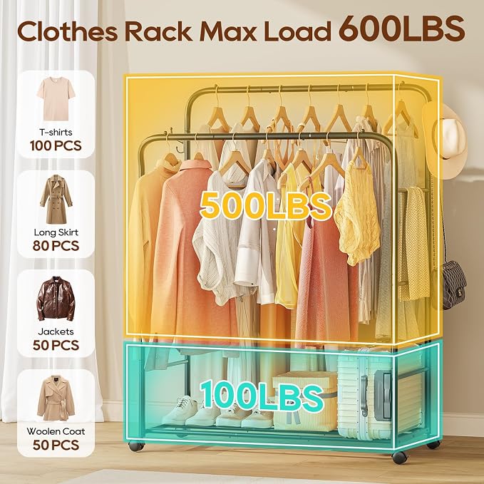 TigerParty Double Rods Clothes Rack for Hanging Clothes, Rolling Clothing Rack with Wheels, 6 Side Bars Freestanding Garment Racks for Bedroom Laundry Living Room