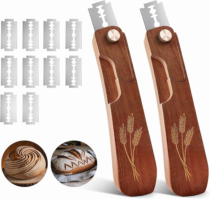 Wooden Bread Lame Dough Scoring Tool - 2 Pack, Handcrafted Bread Scoring Tool for Sourdough Bread Baking, Upgraded Sourdough Scoring Tool With Screw Lock & 10 Razor Blades