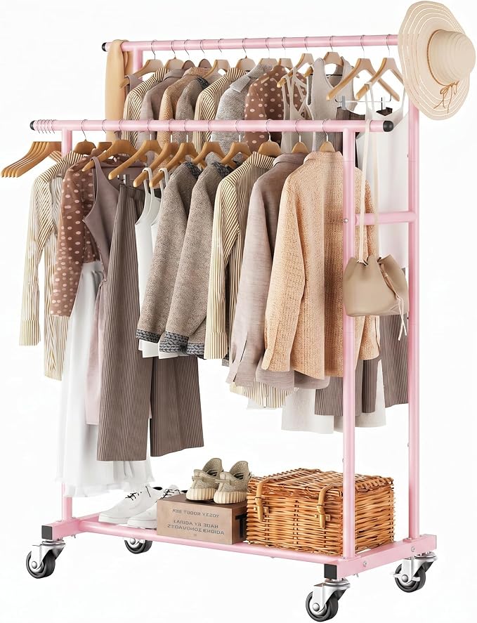 Calmootey Rolling Garment Rack with 2 Rods, Clothes Organizer for Bedroom | High-Low Rods, Two Lockable Wheels, Sturdy Metal Frame, Space-Saving, Fits Laundry, Living Room, Pink