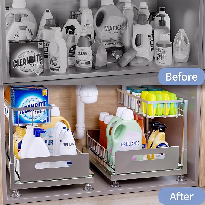 Saydear L-Shaped Under Sink Organizer, 2-Tier Pull-out Cabinet Rack 1-Pack | Grey Height-Adjustable Steel Rack, Sliding Grid Drawers with PP Liners, Holds 100 Lbs, Suction Base, Ideal Kitchen Storage